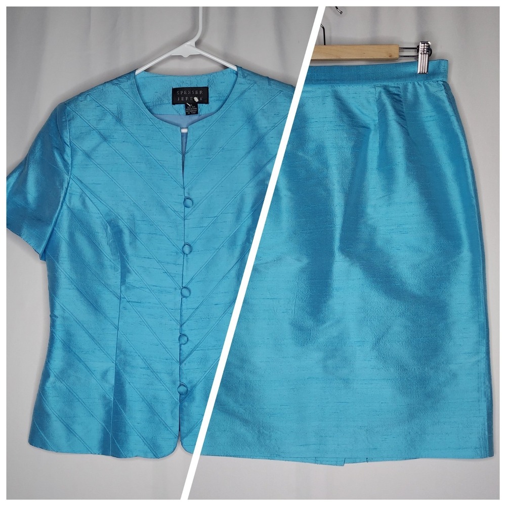 Spencer Silk Skirt Suit 10 Blue Textured Pleated Pencil Button Short Sleeve Y2K